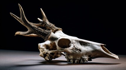 Obraz premium Animal skull on surface representing rustic, nature-inspired decor, skeletal anatomy and dark conceptual product photography visual artistic composition