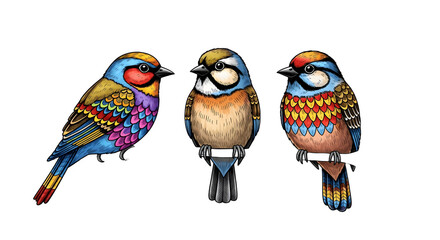 Three Colorful Birds Detailed Illustration.