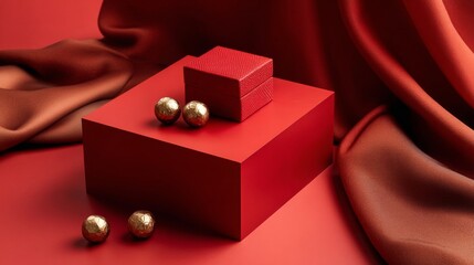 Red box with pearls on fabric background representing luxury product branding, fashion accessories and elegant visual composition photography style