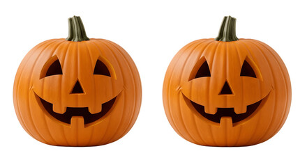 Two carved pumpkins with smiling faces for Halloween decorations.