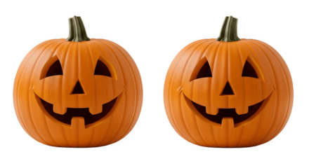Two carved pumpkins with smiling faces for Halloween decorations.