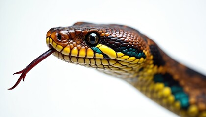 Fototapeta premium Close up on snake head with forked tongue flicking out exploring environment. Reptile has detailed scales brown yellow blue patterns. Animal senses danger. Macro shot.
