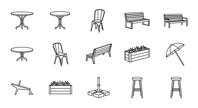patio furniture icons tables chairs benches planters and umbrella set of outline illustrations for exterior design and landscaping concepts