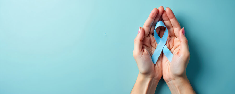 Hands hold light blue ribbon symbol. Awareness campaign for men health issues like prostate cancer. Support and hope for patients fighting illness and disease.