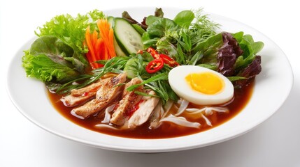 A vibrant bowl of Asian-inspired dish with broth, noodles, chicken, mixed greens, carrots, cucumber, boiled egg, and chili