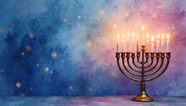 Golden menorah with lit candles on colorful watercolor background. Jewish holiday tradition of Hanukkah celebration with festive lights and warm glow. Religious symbol of heritage and peace.