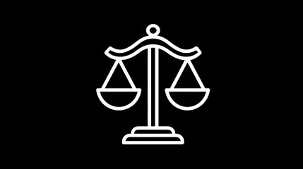 Simple white outline depiction of a balanced scale symbol against a dark background