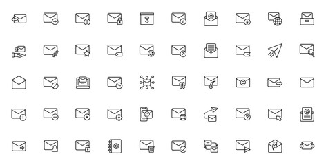 Email icon set. Minimal vector line icons pack. Incldes symbols for reply, inbx, send mail, attachment, pam, draft, contact, encrytion and more. Editable stoke.