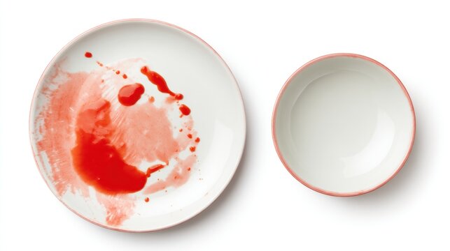 White plate with red spill beside empty bowl, minimal still life, aerial view