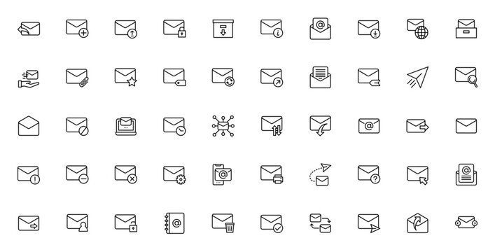 Email icon set. Minimal vector line icons pack. Incldes symbols for reply, inbx, send mail, attachment, pam, draft, contact, encrytion and more. Editable stoke.