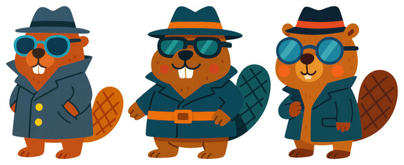 PNG Cartoon beavers in detective outfits, element set on transparent background