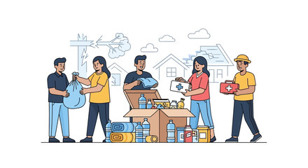 Diverse group of volunteers packing a large donation box with essential supplies for charity. Flat Vector Illustrations. EPS Editable