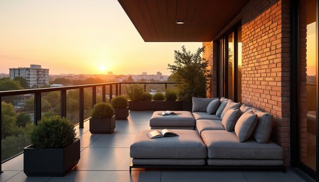 Modern apartment balcony with comfortable grey sectional sofa overlooks city skyline at golden hour sunset. Outdoor seating area with potted plants, brick wall accent. Peaceful evening cityscape. - Powered by Adobe