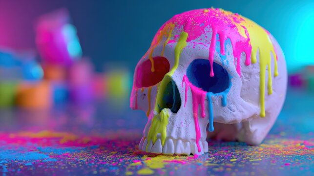 Colorful Skull with Dripping Paint on Vibrant Background