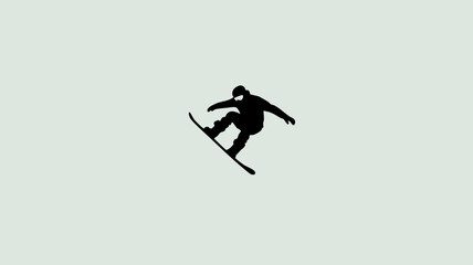 Dynamic black silhouette of a snowboarder performing a jump against a plain light background.