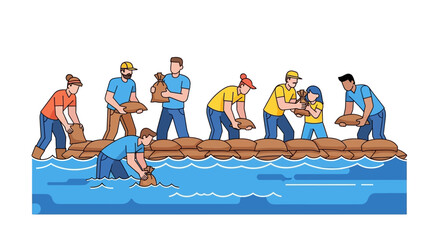 Community of volunteers building a sandbag wall to prevent flooding. Flat Vector Illustrations. EPS Editable