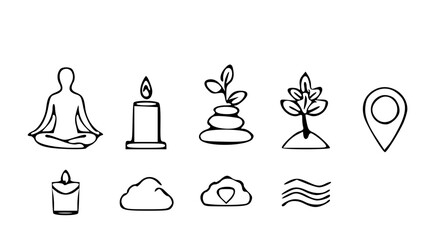 flat vector icons about personal wellness and mental balance — lotus pose silhouette, candle, plant sprout, balanced stones, cloud with heart, and gentle wave.