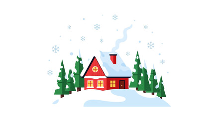 Fototapeta premium Cozy red winter house in a snowy forest landscape. Flat Vector Illustrations. EPS Editable