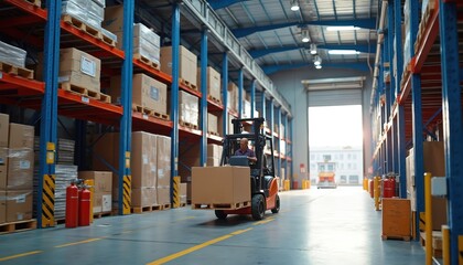 Man drives forklift moving large box in warehouse aisle. Tall shelves hold many packages ready for shipping. Logistics center operates with goods in storage.