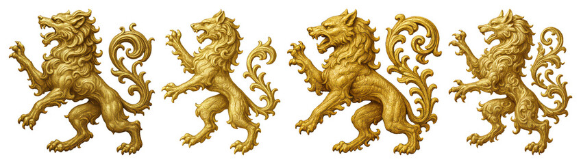Obraz premium PNG Golden heraldic lions illustration, element set on transparent background