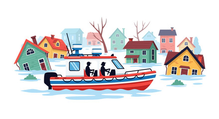 Naklejka premium Emergency rescue boat navigating through a flooded residential area. Flat Vector Illustrations. EPS Editable