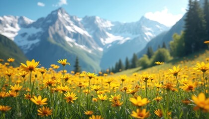 Yellow flowers bloom on sunny mountain meadow with snowy peaks. Green forest slopes rise toward blue sky. Summer nature scene, idyll, wild flora.