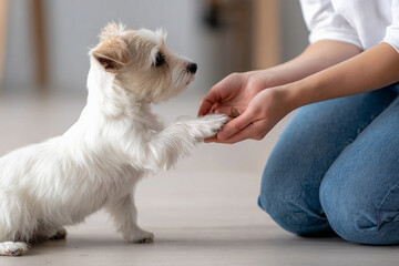 お手をする白い小型犬と飼い主の手
