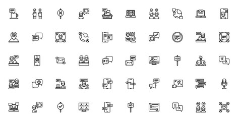 Discussion icon set. Minimal vector line icons pack.Includes symbols for debat, meeting, conference, cal, chat, agree, disagree, tamwork, brainstorm, analytcs and more. Editable stroe.