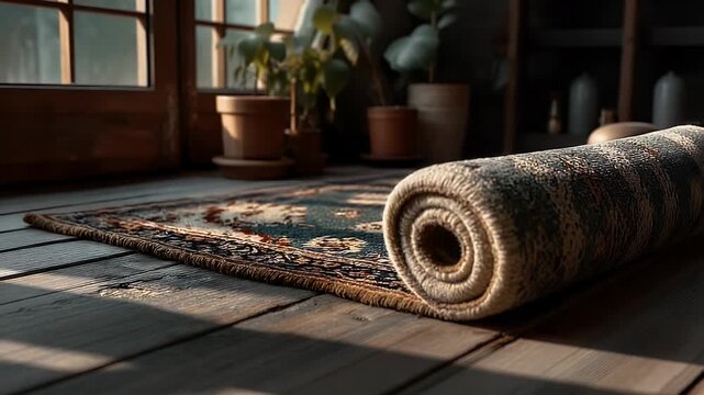 Rolled up persian carpet with intricate patterns on a wooden floor with natural light streaming in illuminating dust
