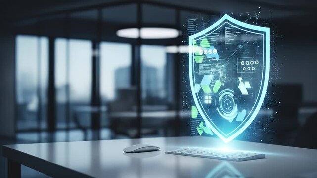 Close-Up Footage of a Computer with a Shield Logo Symbolizing Digital Security and Protection Against Cyber Threats and Attacks on Technology Devices