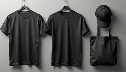 Two black t-shirts hang on hangers. A black baseball cap is placed above a black tote bag. Minimalist studio setup for apparel branding or merchandise display.