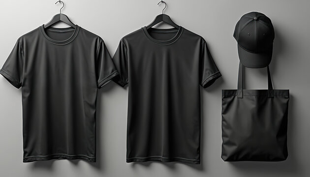 Two black t-shirts hang on hangers. A black baseball cap is placed above a black tote bag. Minimalist studio setup for apparel branding or merchandise display.