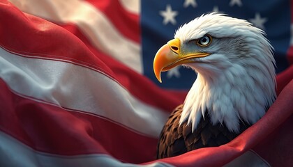 Naklejka premium Bald eagle bird profile against wavy US flag stars and stripes background. Symbol of american freedom, nation, liberty, strength. Memorial Day, Independence Day.