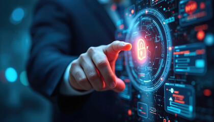 Man in suit touches glowing lock icon on digital screen. Futuristic interface displays data, security measures for online privacy. Cyber safety, protection.