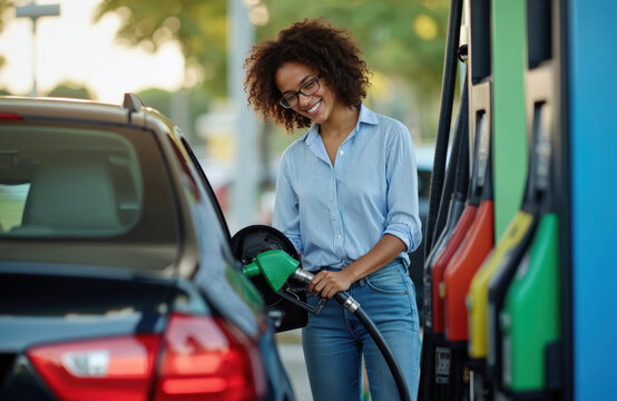 Smiling woman pumps gasoline into her car at gas station. Happy young driver fills automobile tank at fuel pump. Girl refueling vehicle smiling. Transportation and lifestyle concept.