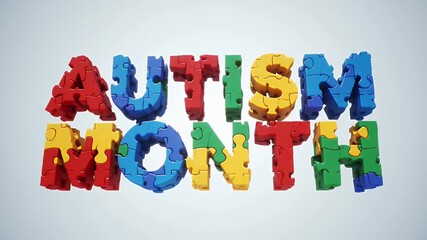 Colorful Autism Awareness Month Text In Puzzle Pieces Forming Letters Vibrant Blue Red Yellow Green Bright Lighting On - Powered by Adobe