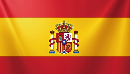 Obraz premium National flag of Spain waving with coat of arms in center. Red yellow red horizontal stripes. Spain emblem symbols on fabric. Royal standard.