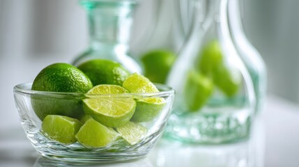 Fototapeta premium Bright green limes, both whole and cut, sit in a glass bowl. Blurry, light-green glass bottles are behind. Soft lighting. White backdrop