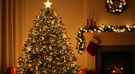 Beautiful decorated Christmas tree with glowing lights and ornaments in cozy living room interior with fireplace and holiday decorations.