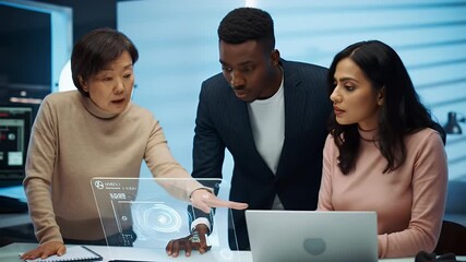 Diverse Team Collaborating Around Futuristic Holographic Display in Modern Office Setting - Powered by Adobe