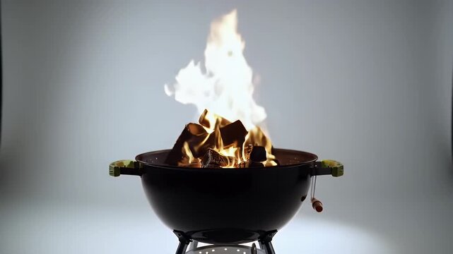 Charcoal Fire Ignited in Black Grill with Green Handles on White Background