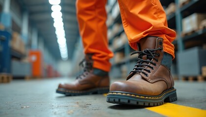 Worker feet wear brown leather safety boots. Orange pants are worn in warehouse setting with shelves and boxes. Yellow line marks pathway on concrete floor. Focus on footwear protection gear.