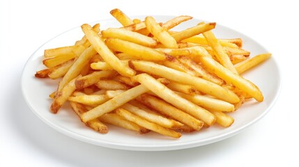 Heap of golden-brown french fries piled on a white plate against a white backdrop