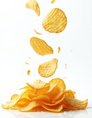 Rippled potato chips cascade into a crunchy pile against a clean white backdrop. Individual crisps float mid air, salted and golden fried, ready to eat.