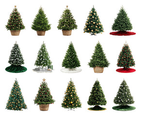 PNG Diverse decorated Christmas trees collection, element set on transparent background