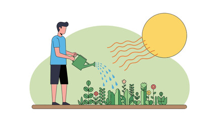Young man watering flowers in the garden on a sunny day. Flat Vector Illustrations. EPS Editable