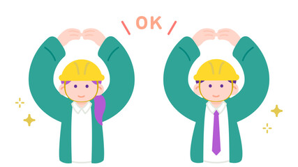 頼れる現場スタッフが「お任せください」と笑顔でOKサインを出すイラスト