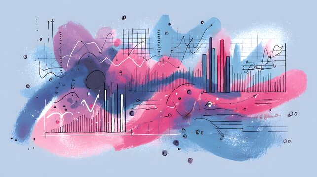 Abstract watercolor presentation featuring hand drawn financial and statistical charting elements over colorful background smears
