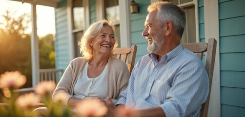 Elderly couple sits on home porch, talking. Smile, relax in rocking chairs. Golden hour sunlight falls on faces. Enjoy quiet retirement life. Senior man, woman spend time together happily at home.
