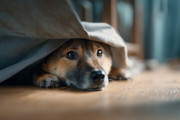 毛布の下から顔を覗かせる柴犬の安心した表情
